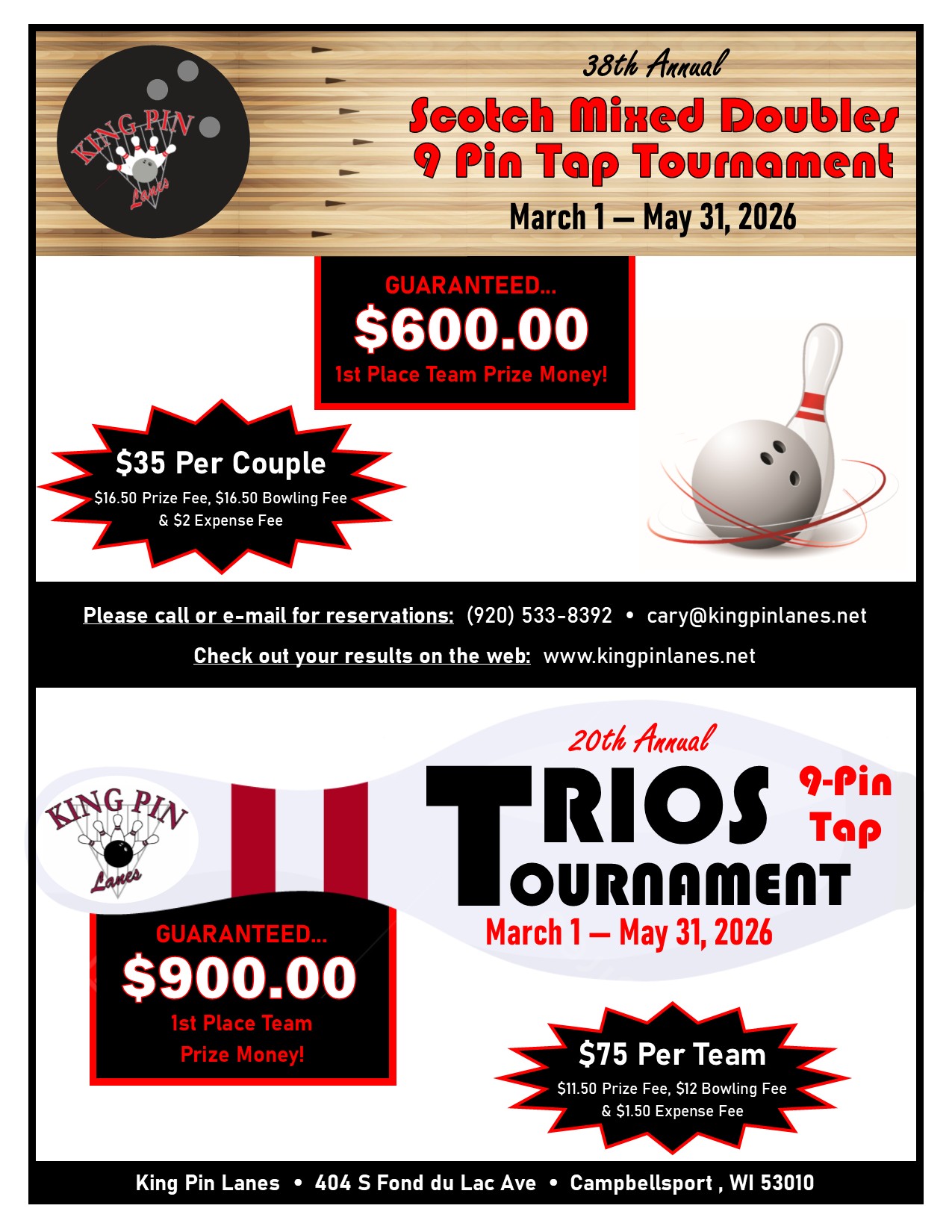scotch mixed doubles & 9 pin tap trios tournament